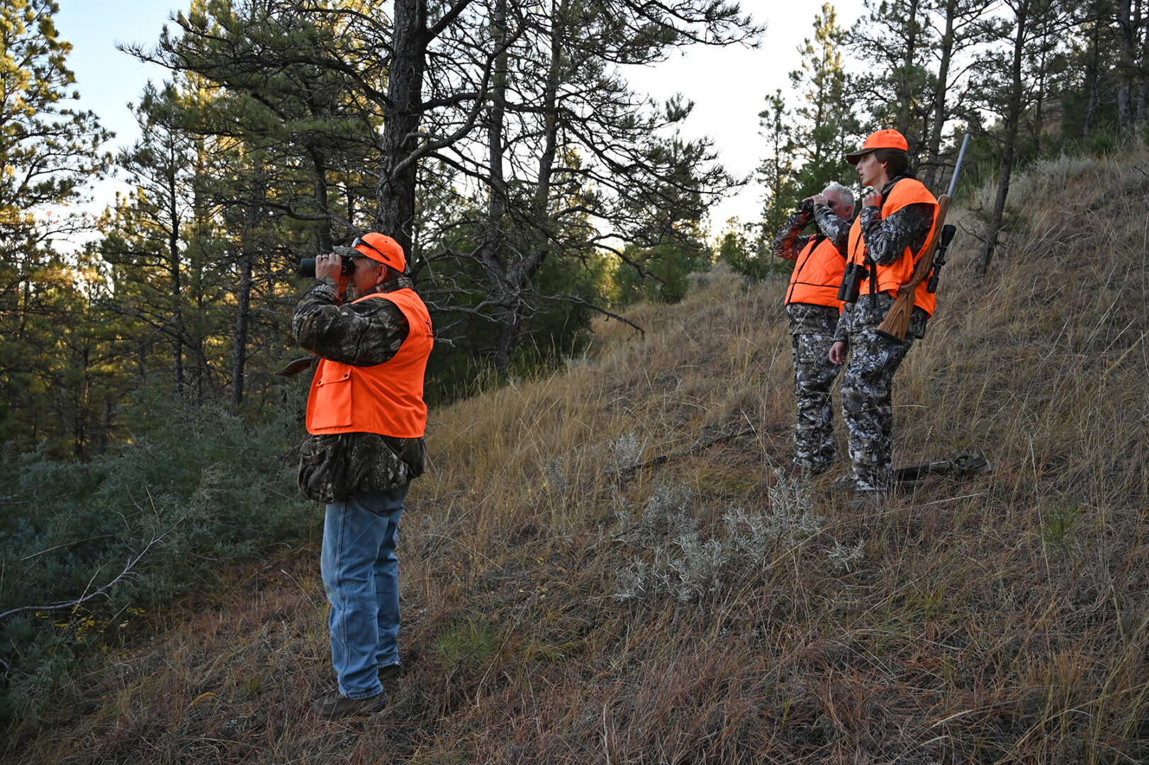 Two hunters in orange vests standing on a hill.