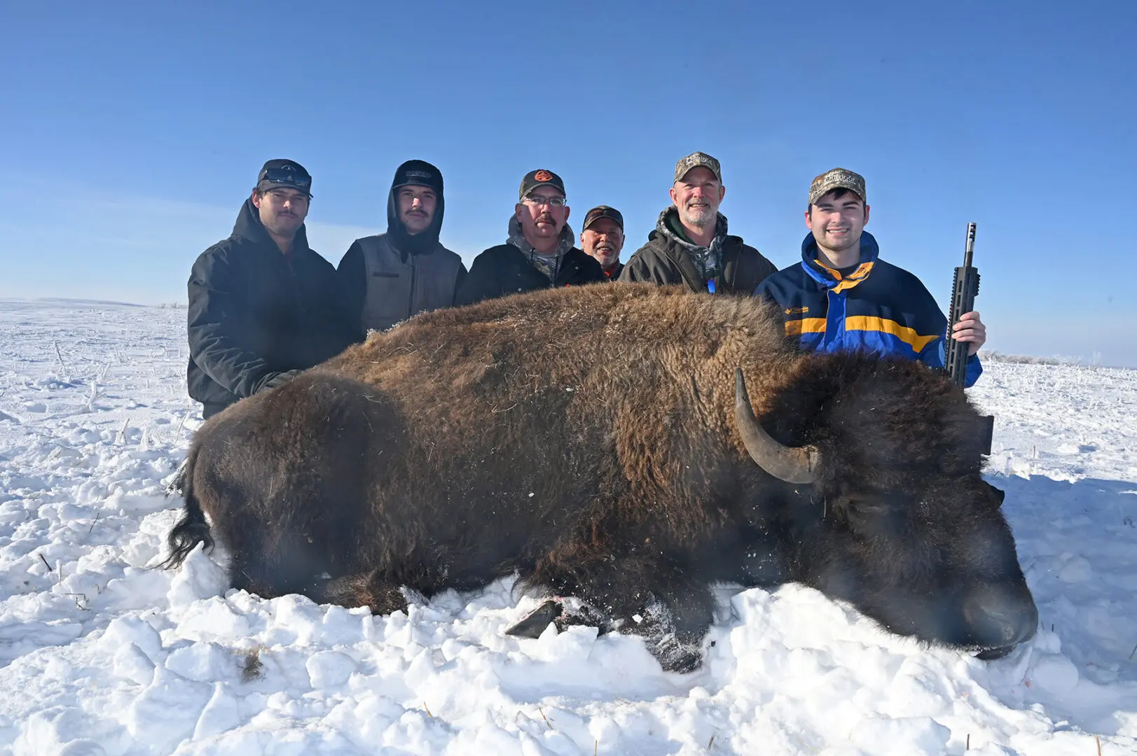 A group of men standing around a bison in the snow.