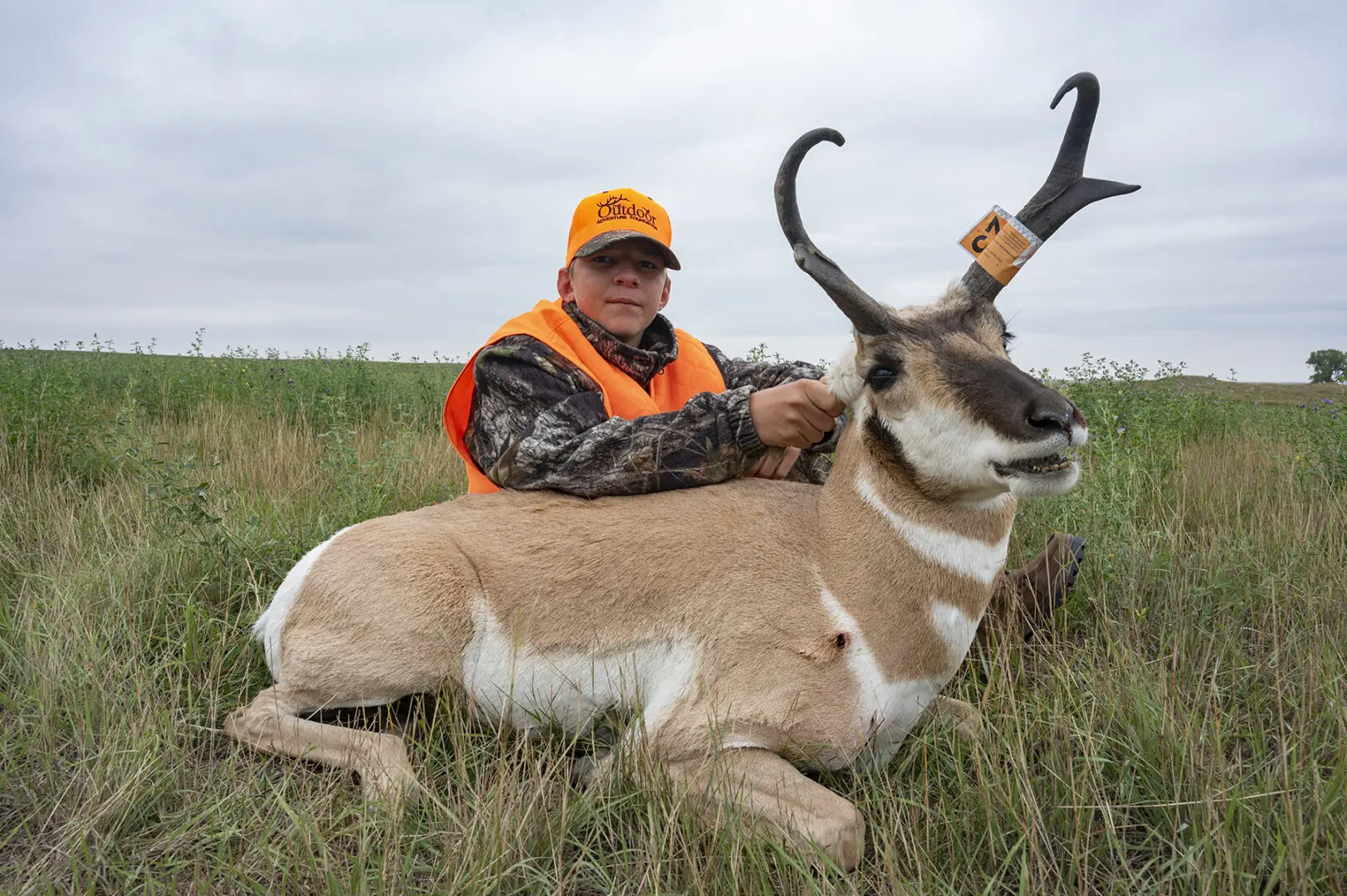 A man in an orange vest is holding a rifle and sitting on the ground with a deer.
